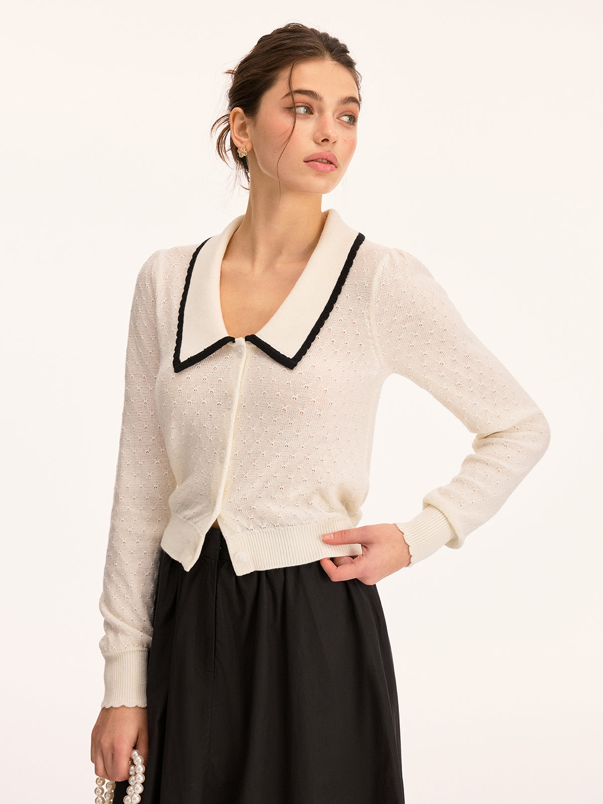 Wool Blend Collared Pointelle Knit Cardigan