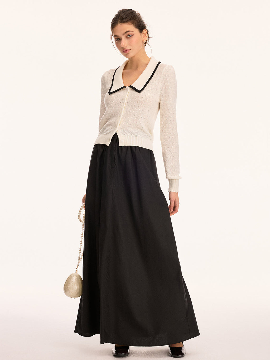 Wool Blend Collared Pointelle Knit Cardigan