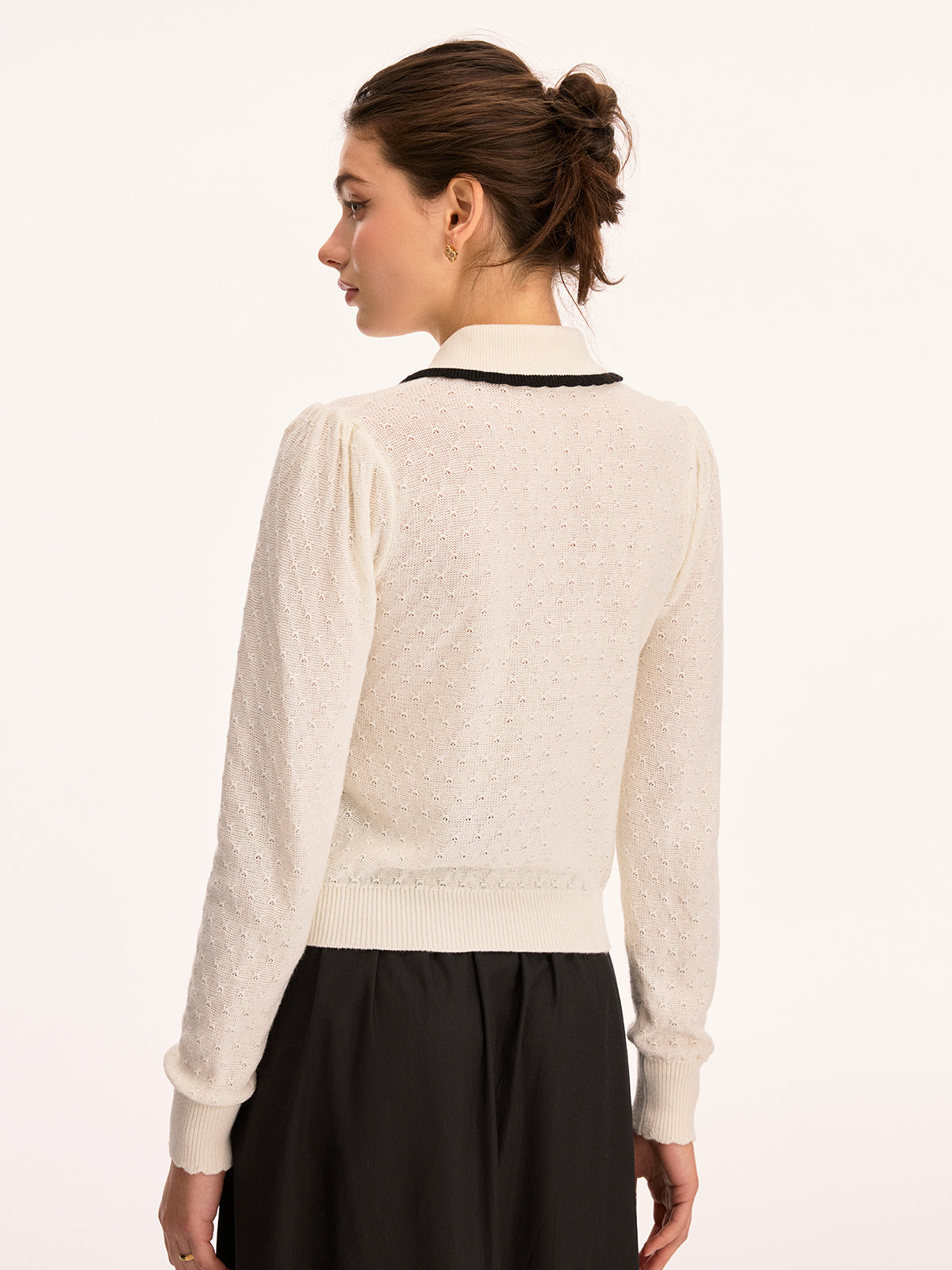 Wool Blend Collared Pointelle Knit Cardigan