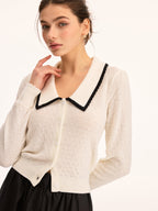 Wool Blend Collared Pointelle Knit Cardigan
