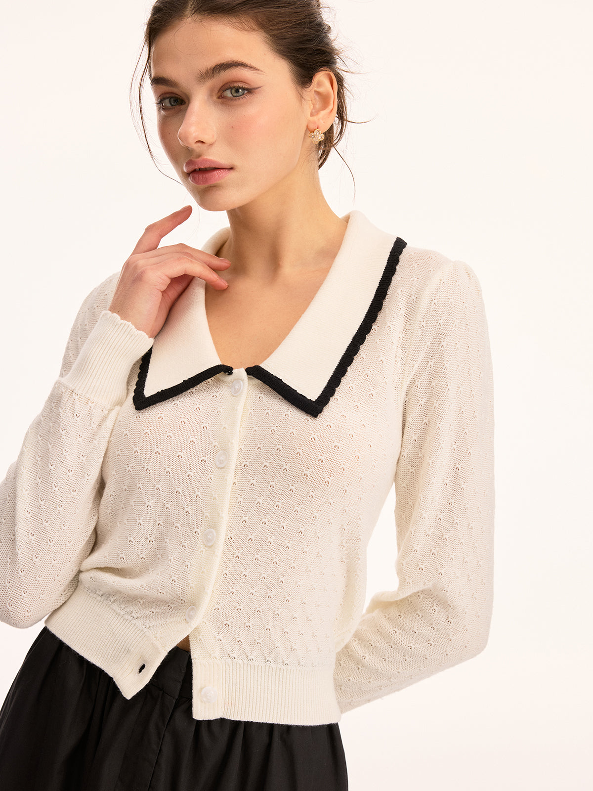 Wool Blend Collared Pointelle Knit Cardigan