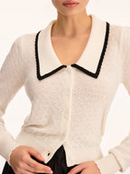 Wool Blend Collared Pointelle Knit Cardigan