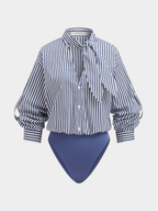 Cotton Blend Striped Tie-Neck Bodysuit
