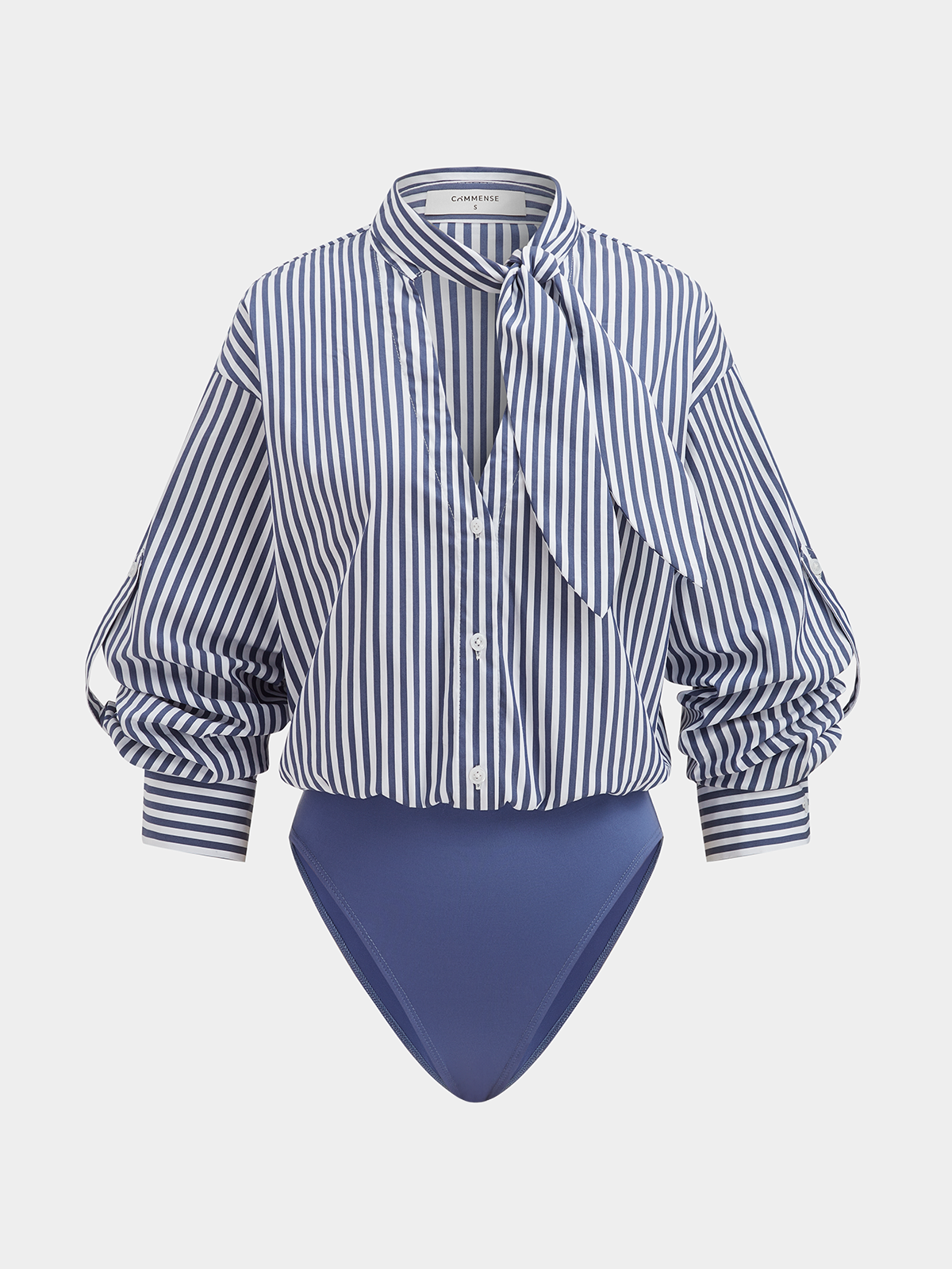 Cotton Blend Striped Tie-Neck Bodysuit