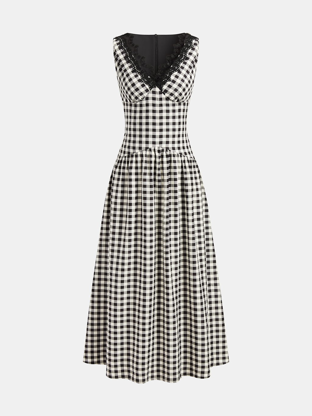 Sleeveless Lace Trim Gingham Maxi Dress