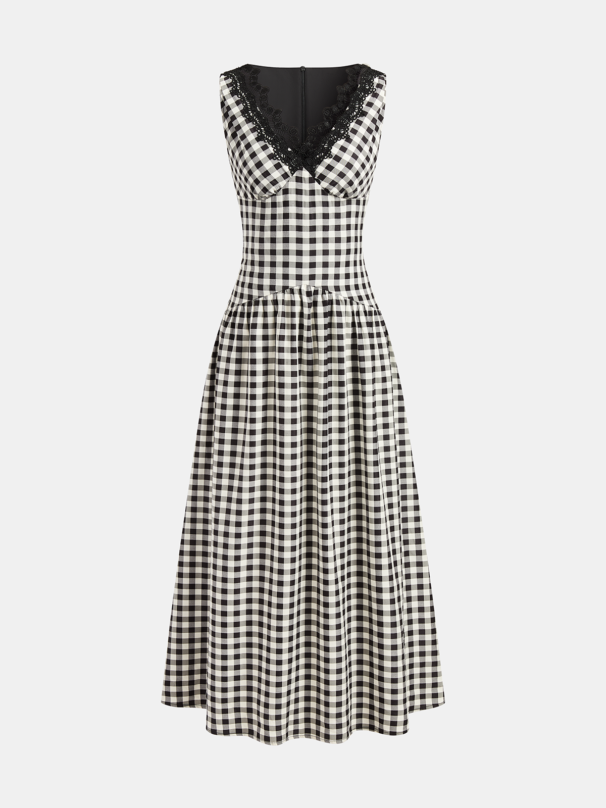 Sleeveless Lace Trim Gingham Maxi Dress