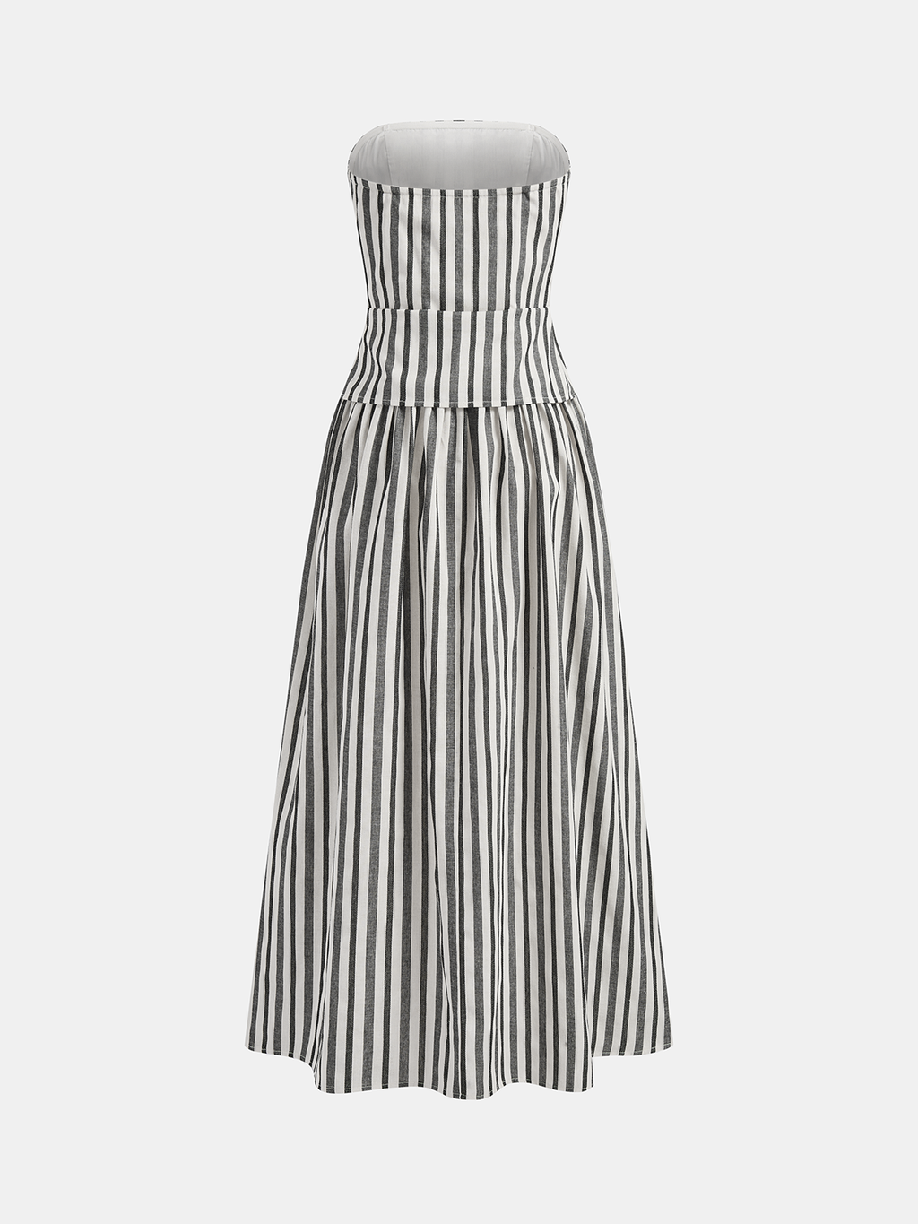 Striped Strapless Cotton Linen Ruched Dress