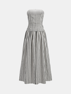 Striped Strapless Cotton Linen Ruched Dress