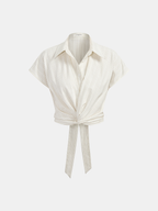 Striped Cap Sleeve Tie Waist Blouse
