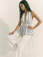 Cotton Striped Halter Peplum Tank Top