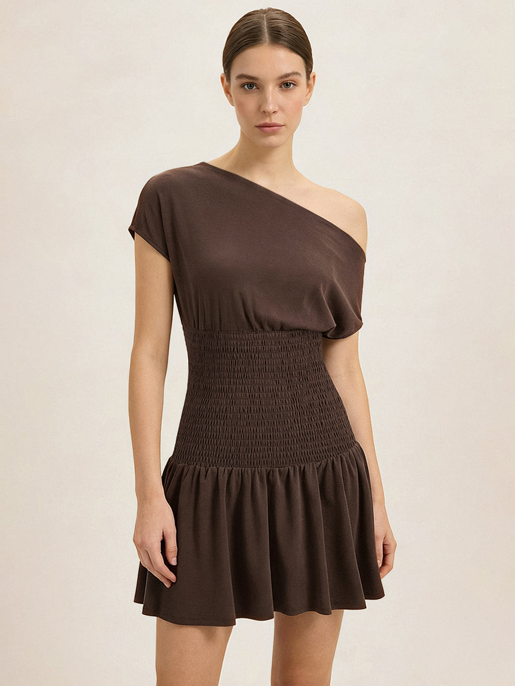 One Shoulder Smocked Waist Mini Dress