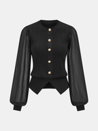 Sheer Sleeve Metal Button Ribbed Knit Cardigan