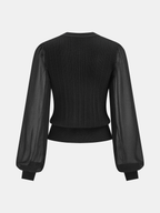 Sheer Sleeve Metal Button Ribbed Knit Cardigan