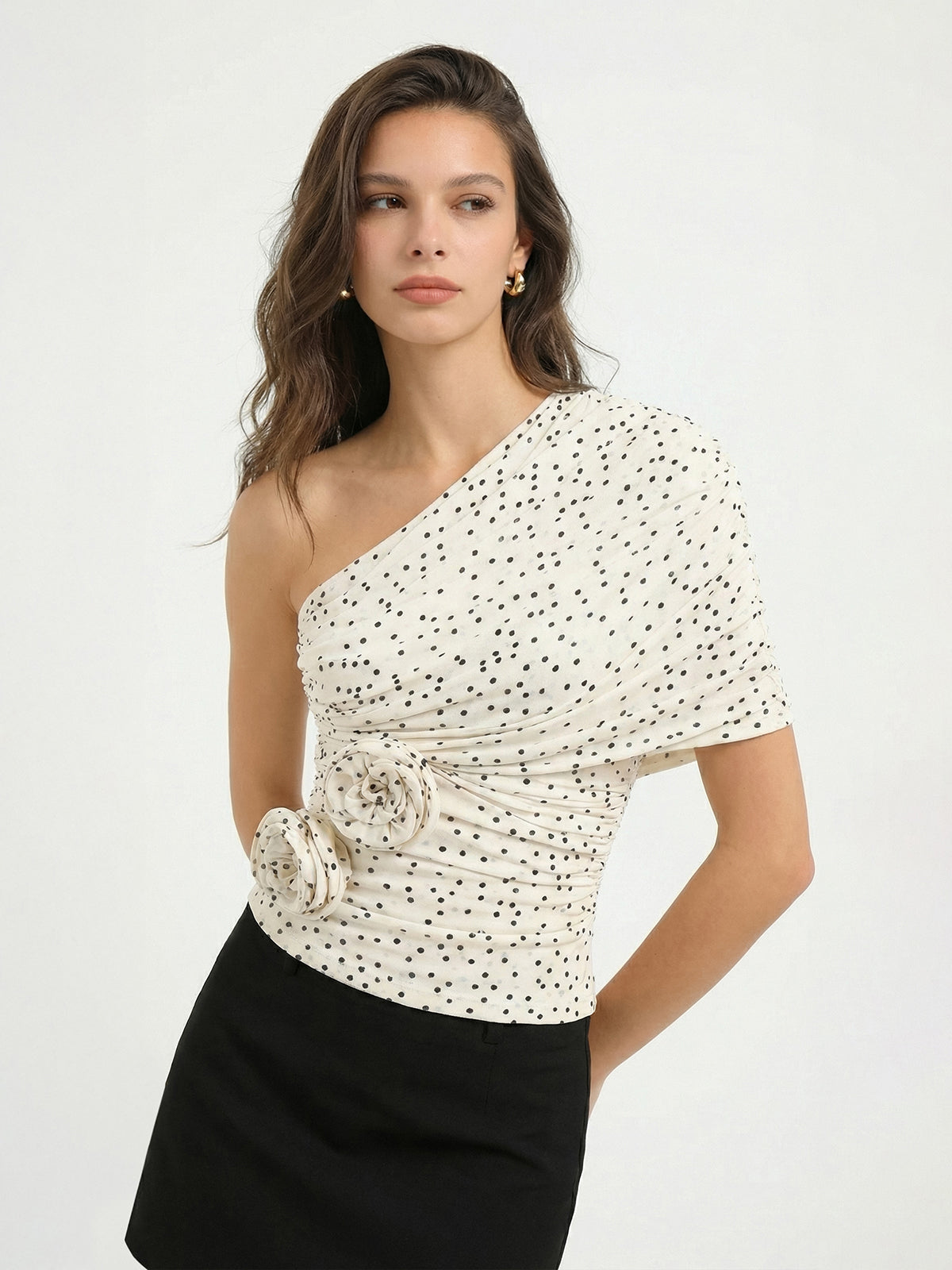 Polka Dot 3D Flower One Shoulder Top