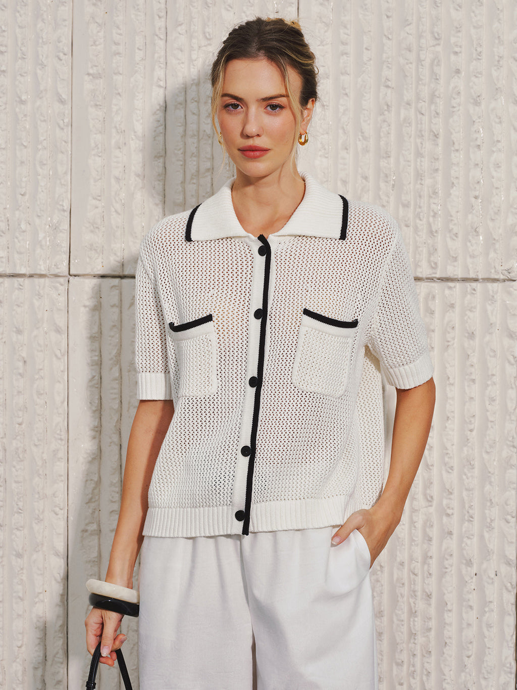 Collared Contrast Trim Open Knit Cardigan