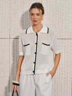 Collared Contrast Trim Open Knit Cardigan