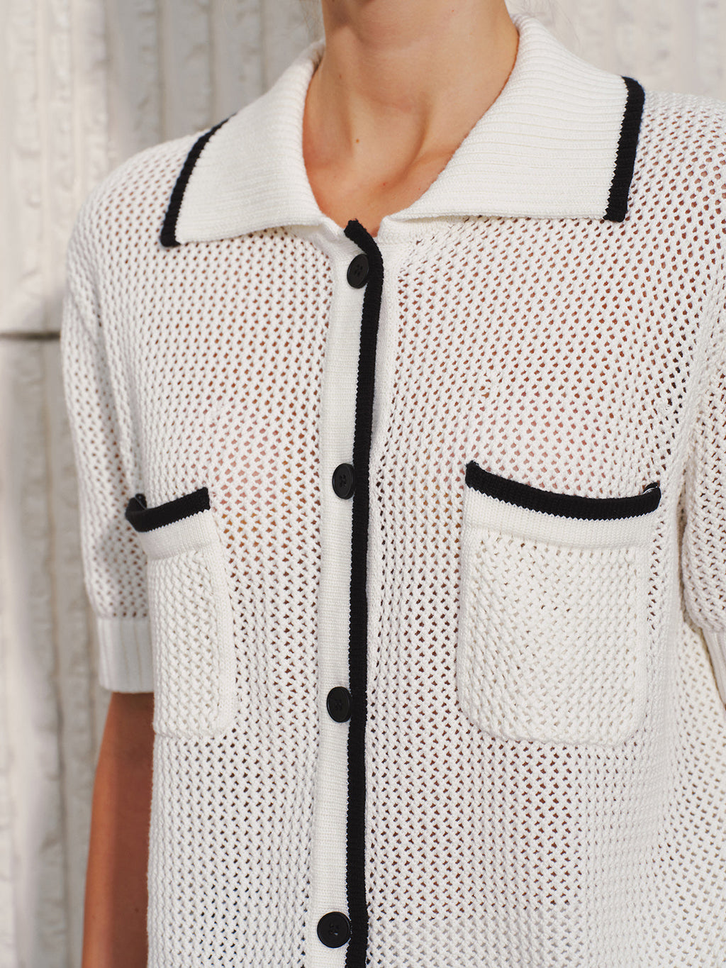 Collared Contrast Trim Open Knit Cardigan