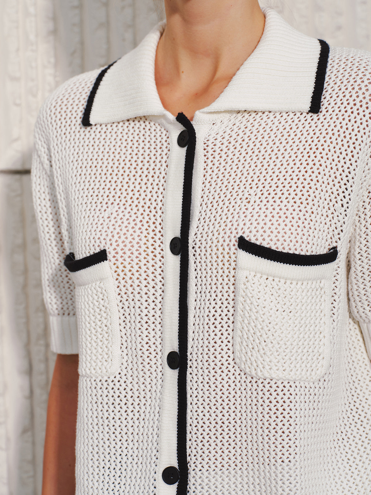 Collared Contrast Trim Open Knit Cardigan