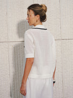 Collared Contrast Trim Open Knit Cardigan
