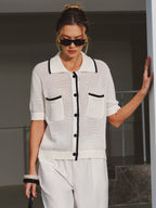 Collared Contrast Trim Open Knit Cardigan