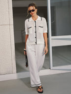 Collared Contrast Trim Open Knit Cardigan