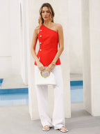 One-Shoulder Button Detail Linen-Blend Top