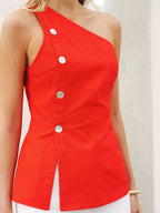 One-Shoulder Button Detail Linen-Blend Top
