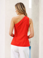 One-Shoulder Button Detail Linen-Blend Top