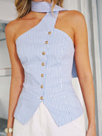 Striped Backless Buttoned Blouse