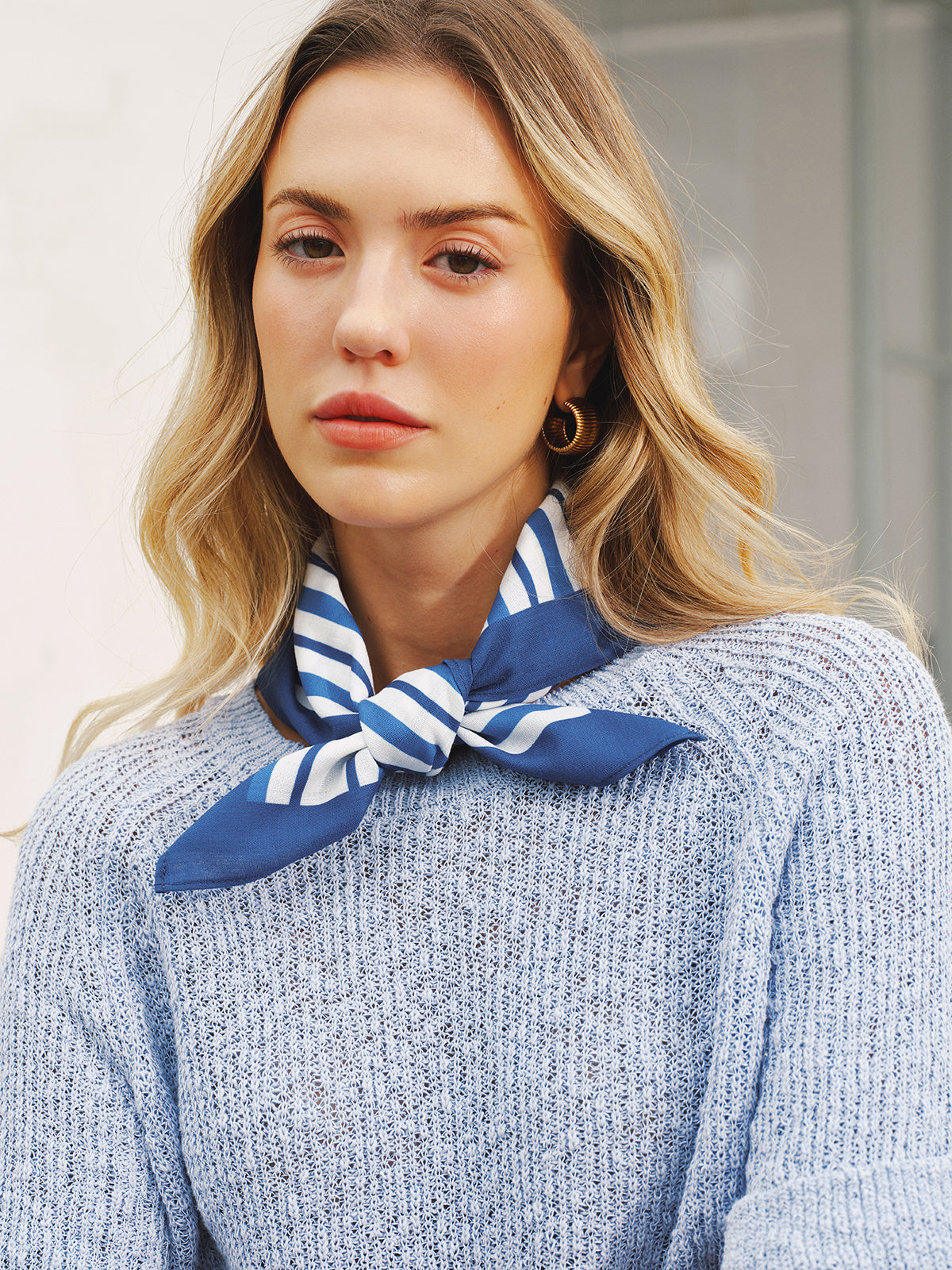Open Knit Short Sleeve Sweater with Striped Scarf