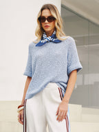 Open Knit Short Sleeve Sweater with Striped Scarf