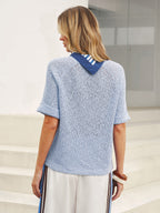 Open Knit Short Sleeve Sweater with Striped Scarf