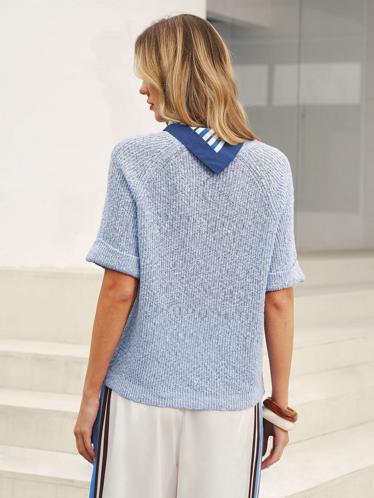 Open Knit Short Sleeve Sweater with Striped Scarf