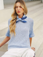 Open Knit Short Sleeve Sweater with Striped Scarf