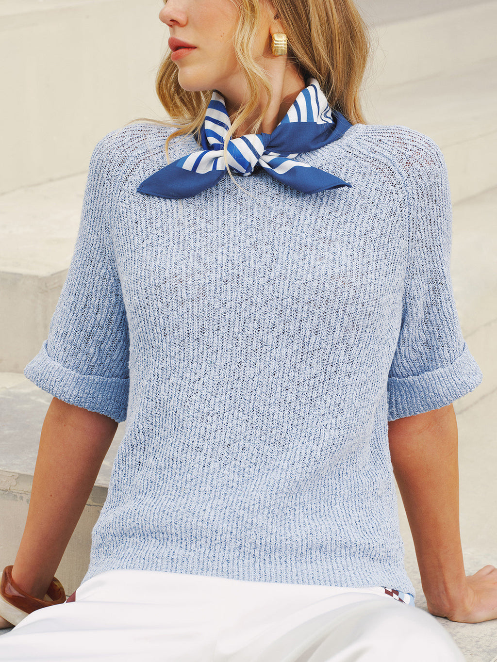 Open Knit Short Sleeve Sweater with Striped Scarf