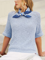 Open Knit Short Sleeve Sweater with Striped Scarf