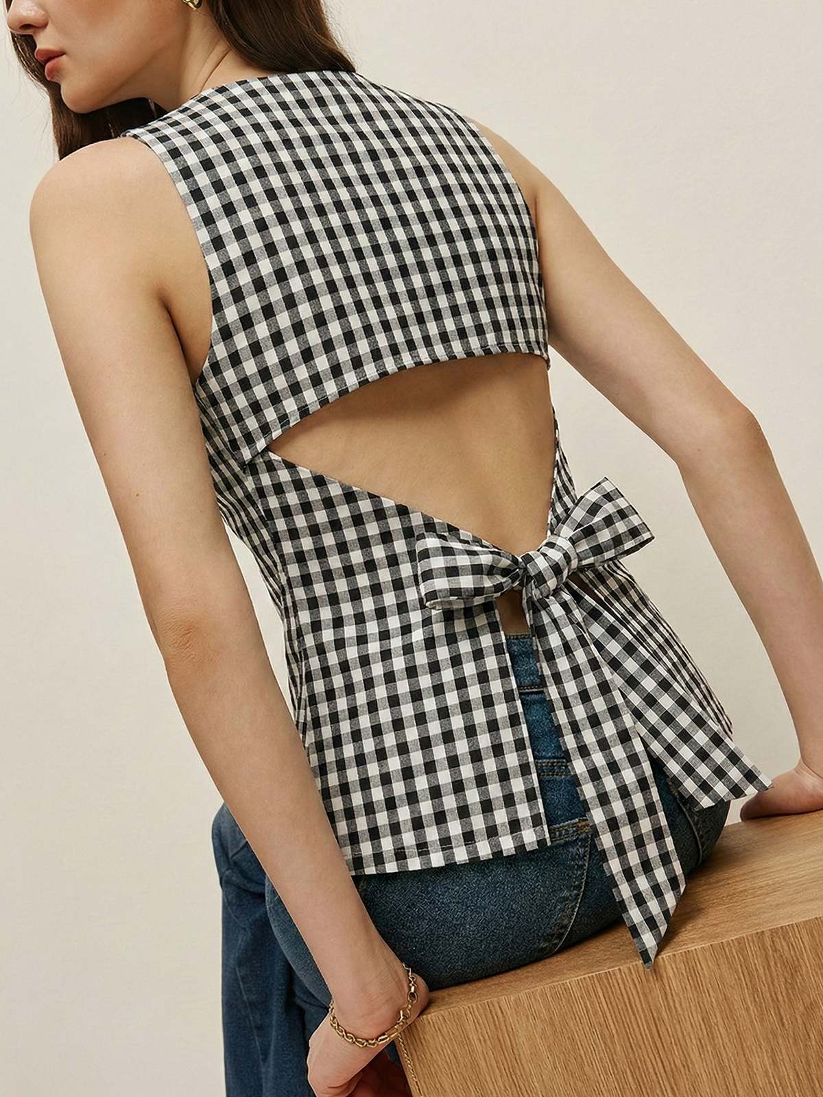 Gingham Bow Backless Sleeveless Top
