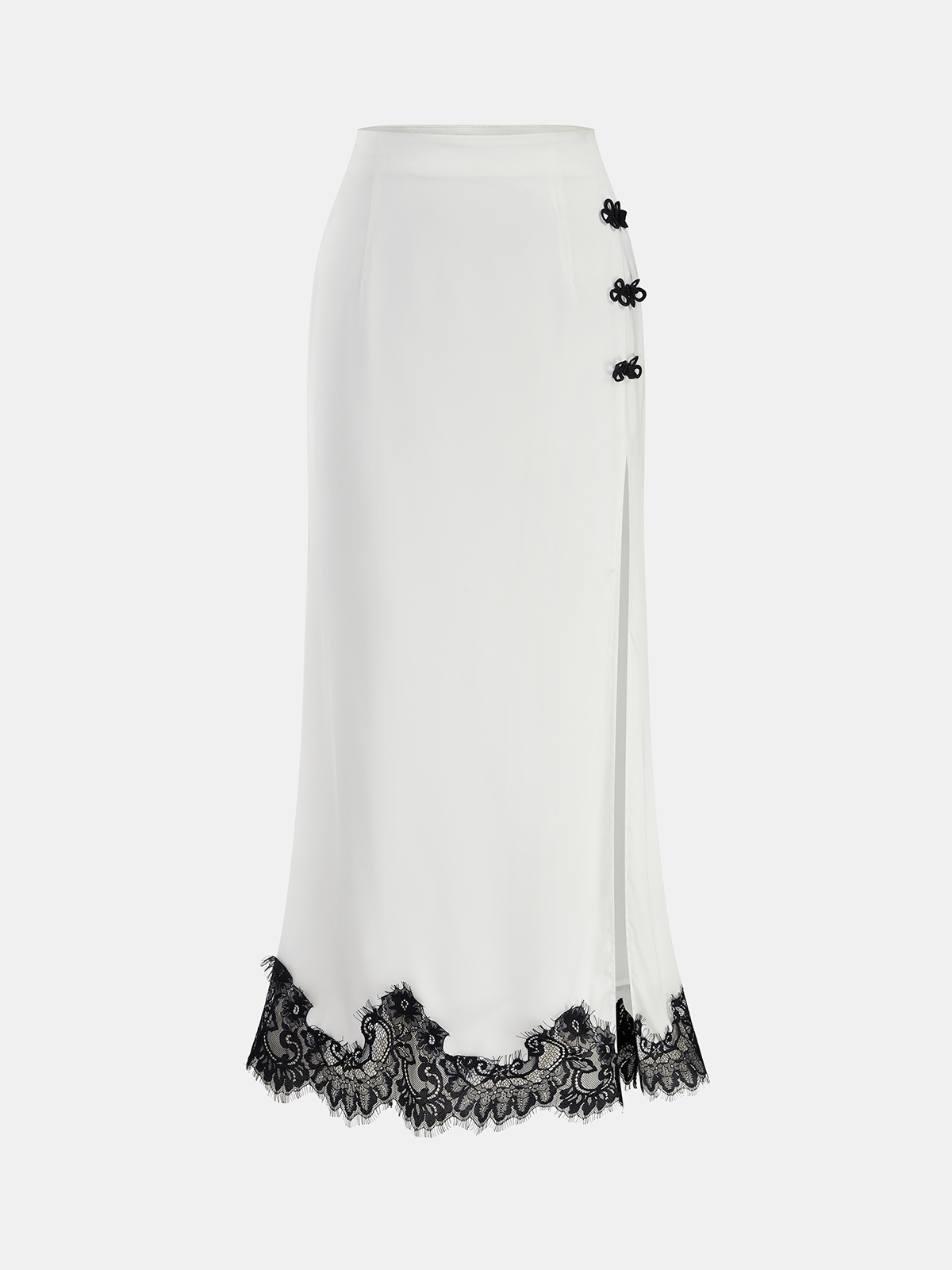 Knot Button Satin Lace Split Maxi Skirt