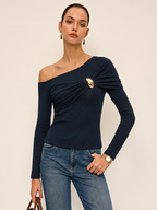 One-Shoulder Ruched Metal Buckle Long Sleeve Top
