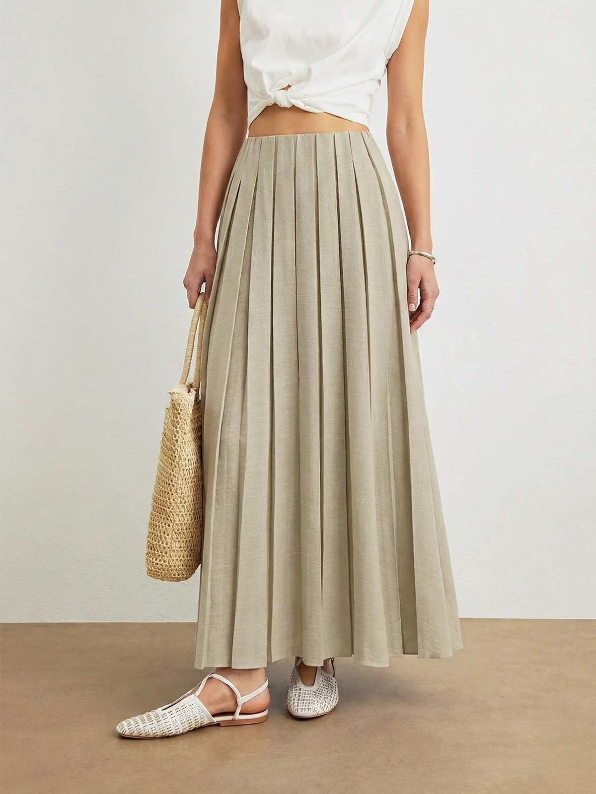 Elastic Waist Pleated Midi Skirt