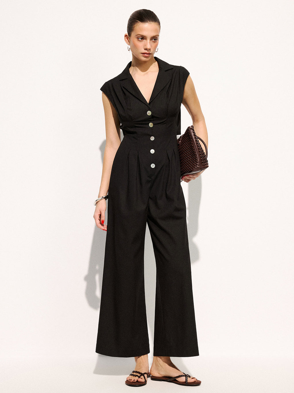 Linen Blend Sleeveless Lapel Wide Leg Jumpsuit