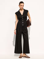 Linen Blend Sleeveless Lapel Wide Leg Jumpsuit