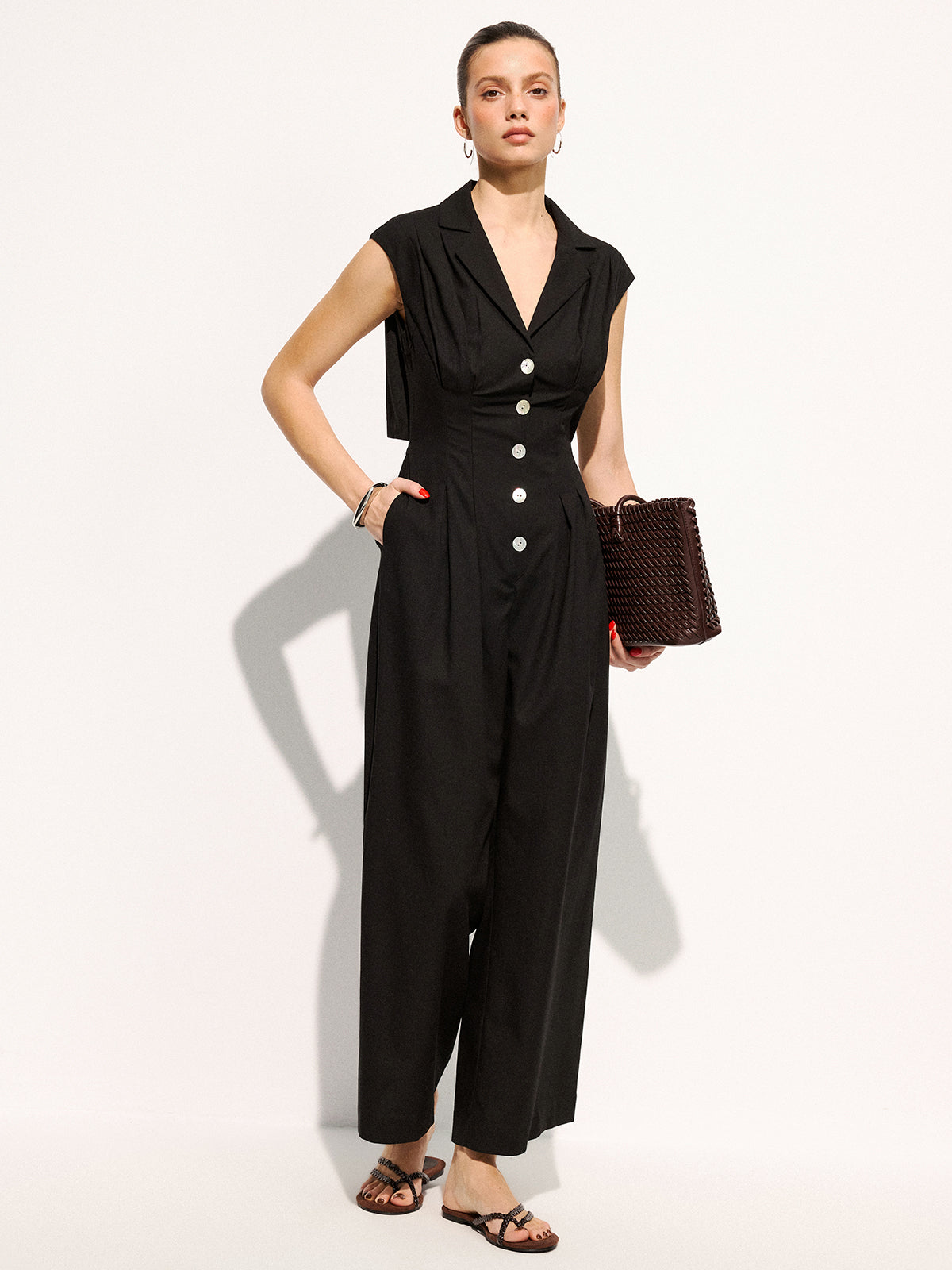 Linen Blend Sleeveless Lapel Wide Leg Jumpsuit