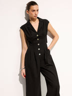 Linen Blend Sleeveless Lapel Wide Leg Jumpsuit