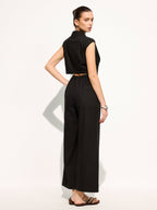 Linen Blend Sleeveless Lapel Wide Leg Jumpsuit