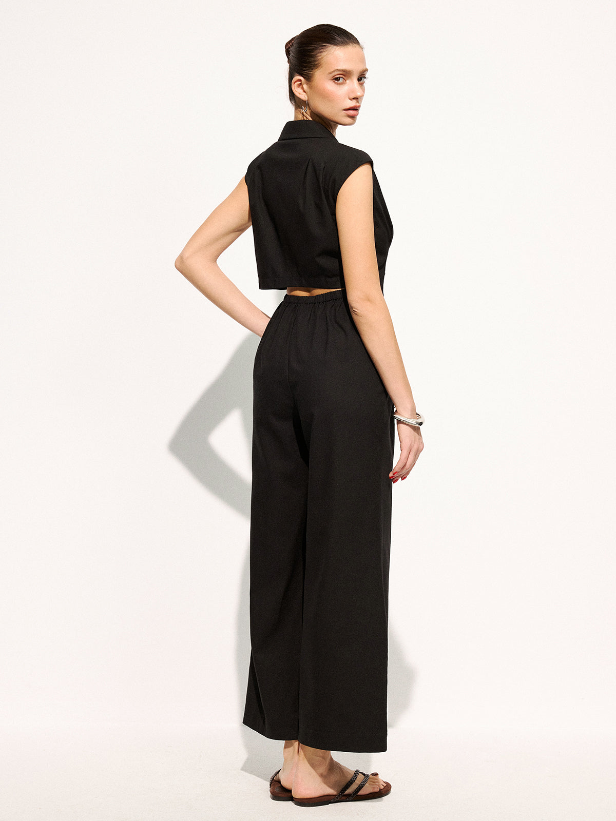 Linen Blend Sleeveless Lapel Wide Leg Jumpsuit