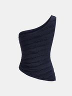 Metal Buckle One-Shoulder Textured Knit Top