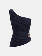 Metal Buckle One-Shoulder Textured Knit Top