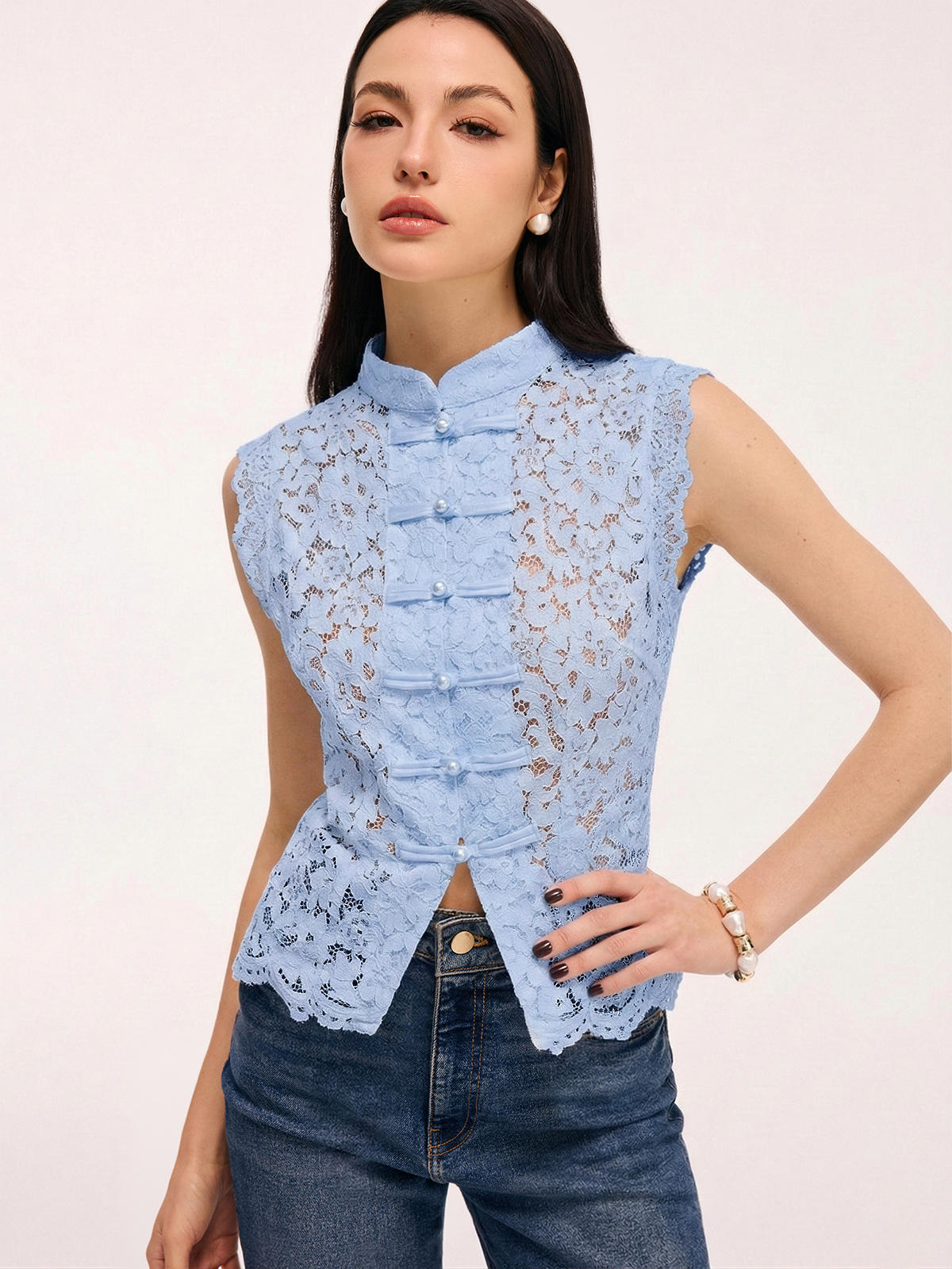 Lace Mandarin Collar Pearl Button Sleeveless Top