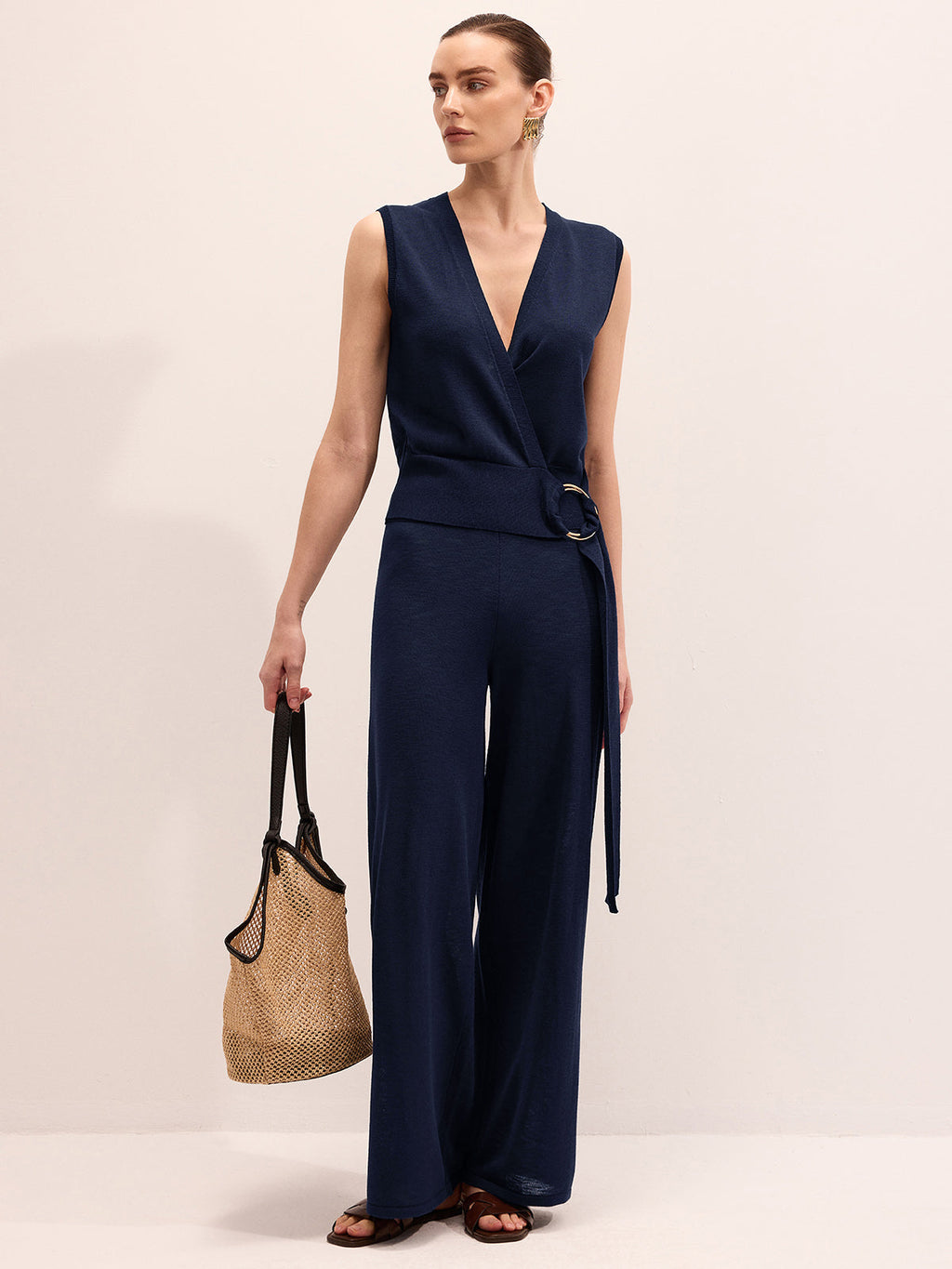 Wrap V-Neck Knit Top & Pants Set